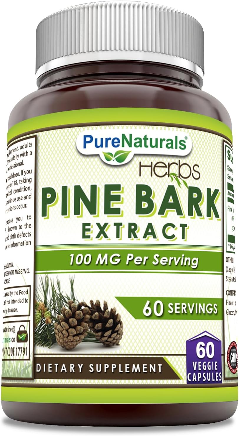 Pure Naturals Extracto de Corteza de Pino | 100 mg por Cápsula | 60 Cápsulas Vegetales | No Transgénico | Sin Gluten