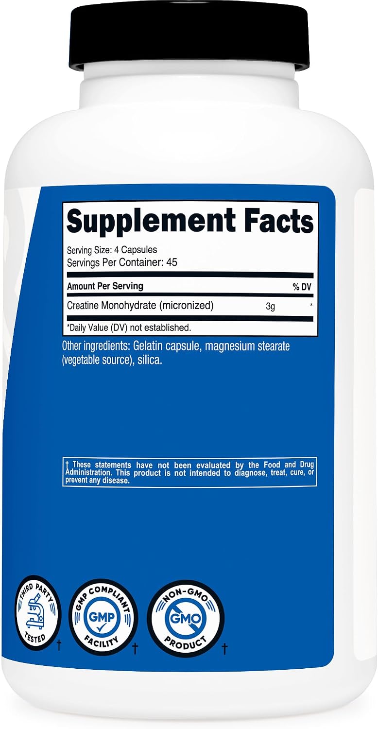Nutricost Creatine Monohydrate 3000mg, 180 Cápsulas (750mg por Cápsula) - Sin Gluten, No GMO