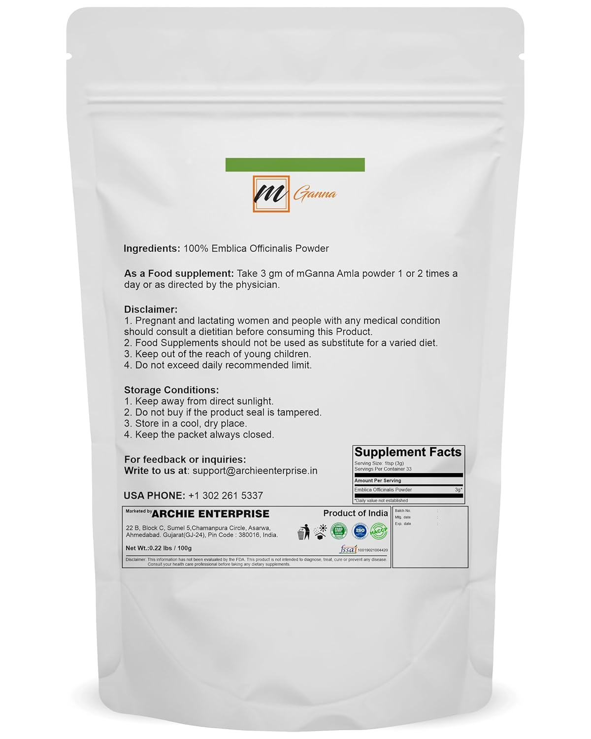mGanna 100% Natural Amla/Indian Gooseberry/Emblica Officinalis Powder for Skin, Hair and Health Care 100 GMS