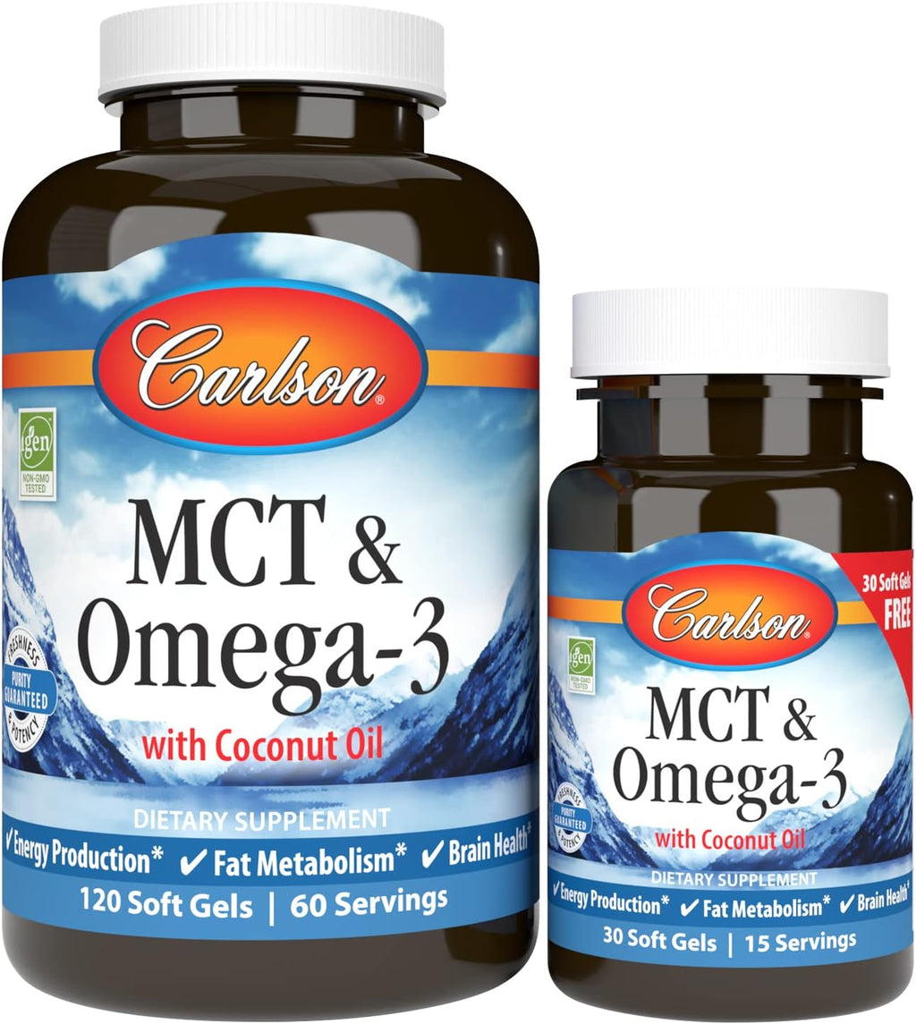 Carlson MCT y Omega-3 con Aceite de Coco Virgen Orgánico, EPA y DHA, 120+30 Cápsulas Blandas