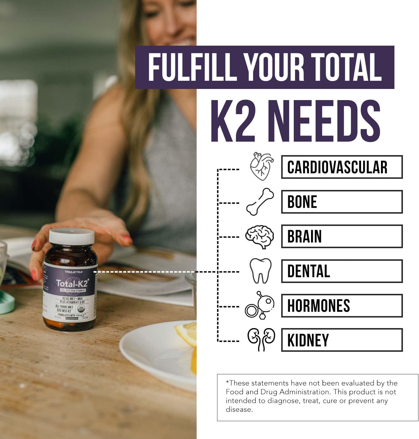 Total K2® | Vitamina K2 como MK7 y MK4 | Más K1 y Cofactor de Vitamina D3 – 620 mcg de K2 por Dosis – All-Trans MK7 de MenaQ7® – Vitamina K de Espectro Completo – Vegano, Certificado Orgánico (60 Cápsulas)