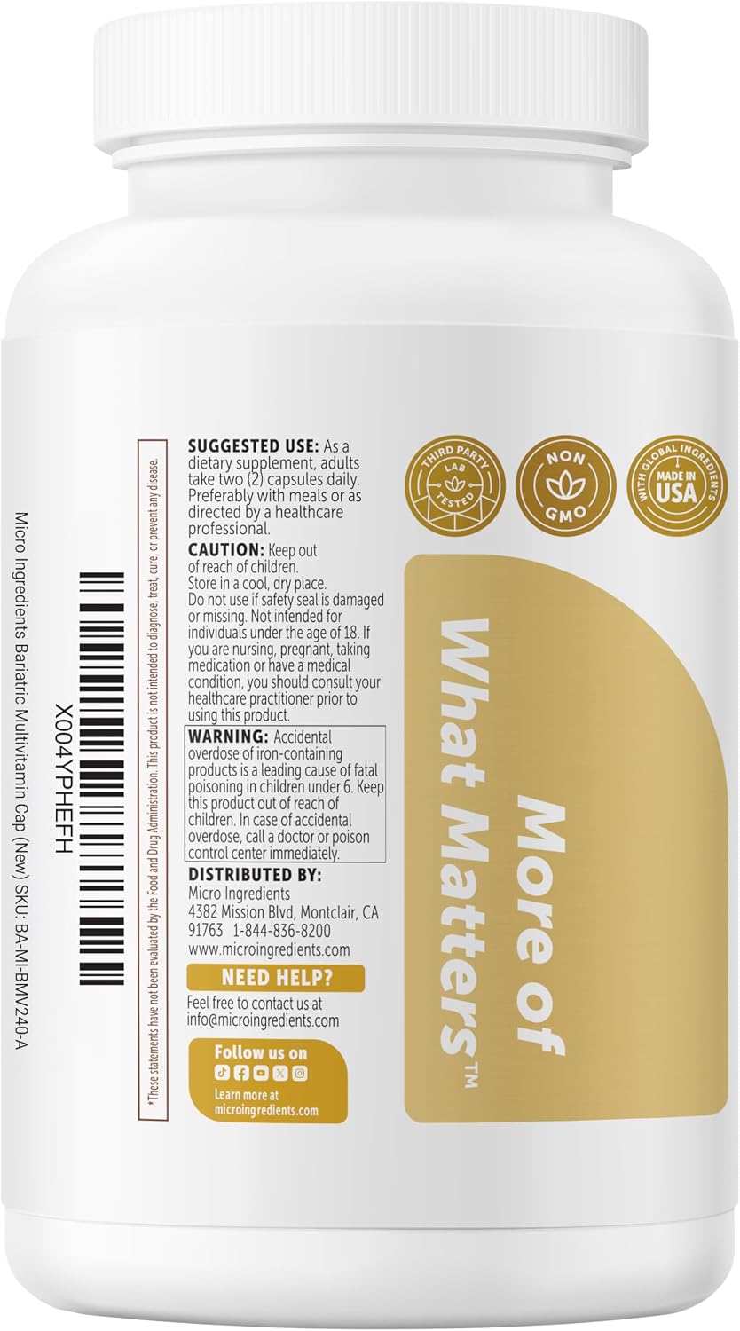 Micro Ingredients Multivitamínico Bariátrico Metilado con 45mg de Hierro para Mujeres y Hombres, 240 Cápsulas Vegetales | 23 Vitaminas Esenciales con D3, K2, Zinc y Más | Sin Rellenos, No Transgénico