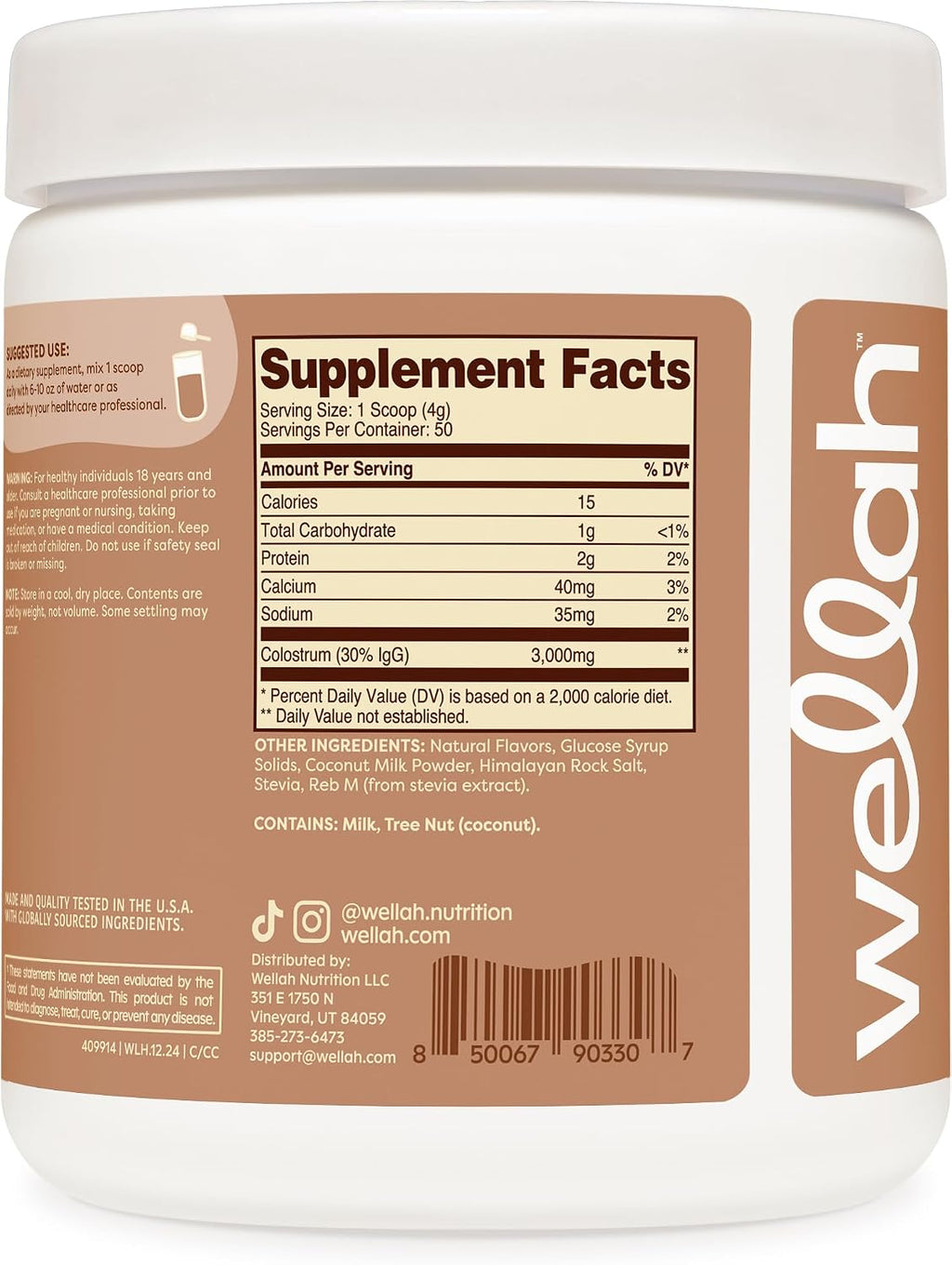 Wellah Colostrum Sabor Crema de Coco (50 Dosis) - Endulzado con Stevia, 3g de Colostro por Dosis, Complemento Alimenticio