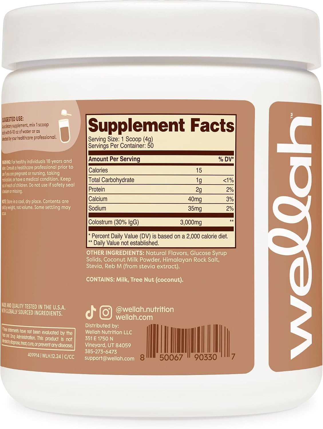 Wellah Colostrum Sabor Crema de Coco (50 Dosis) - Endulzado con Stevia, 3g de Colostro por Dosis, Complemento Alimenticio