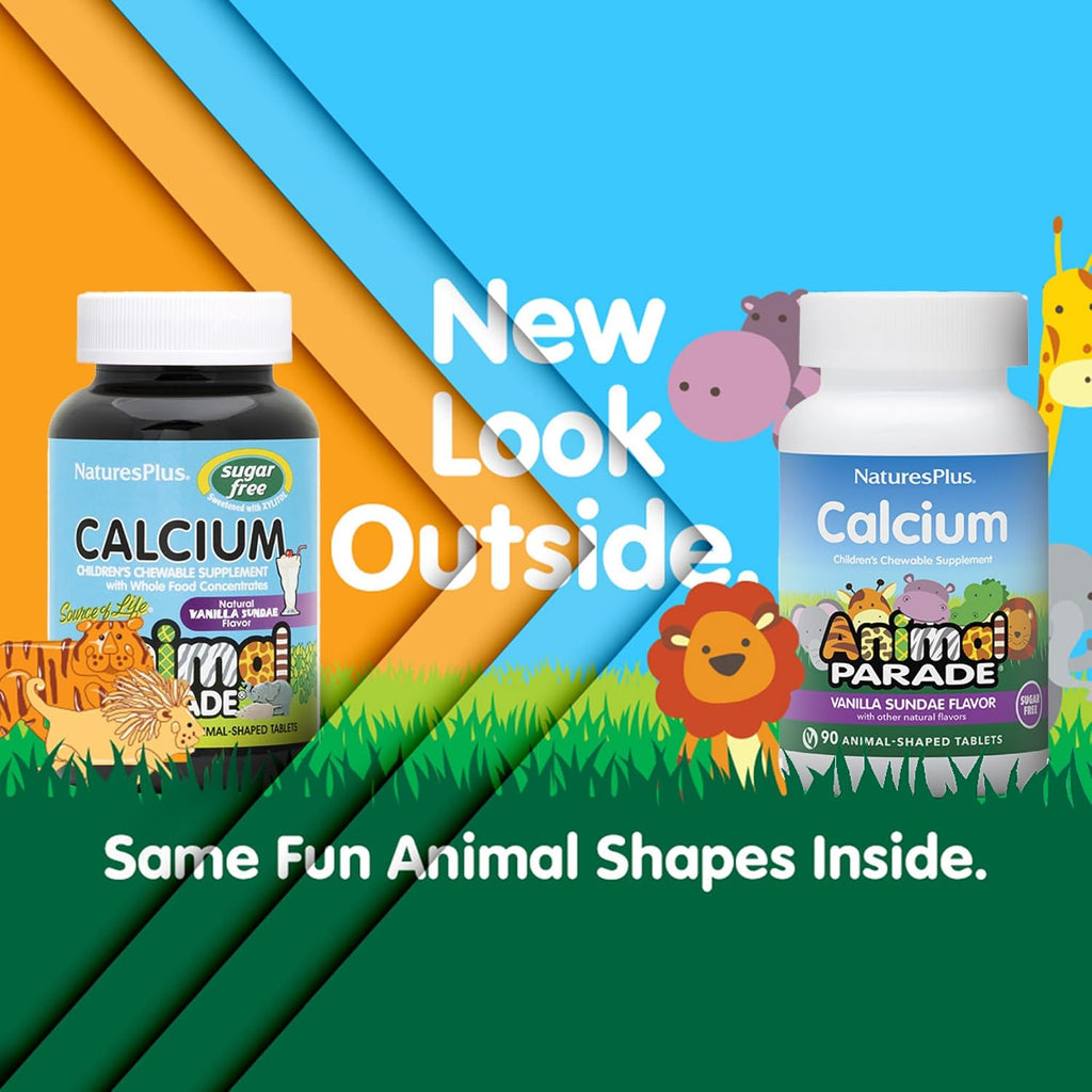 NaturesPlus Animal Parade Calcio para niños sin azúcar - 90 comprimidos masticables con forma de animal, sabor vainilla (Paquete de 2)