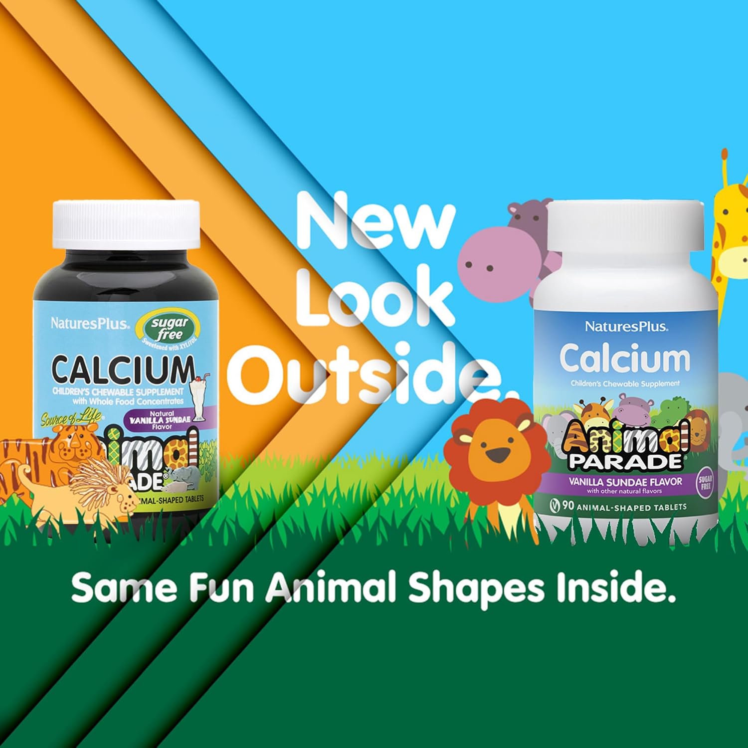 NaturesPlus Animal Parade Calcio para niños sin azúcar - 90 comprimidos masticables con forma de animal, sabor vainilla (Paquete de 2)