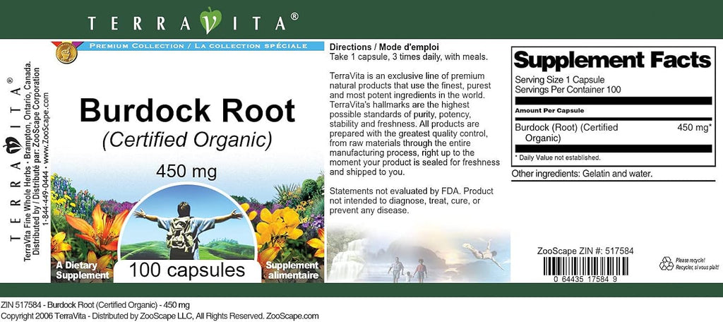 Burdock Root (Certified Organic) - 450 mg, 100 Capsules