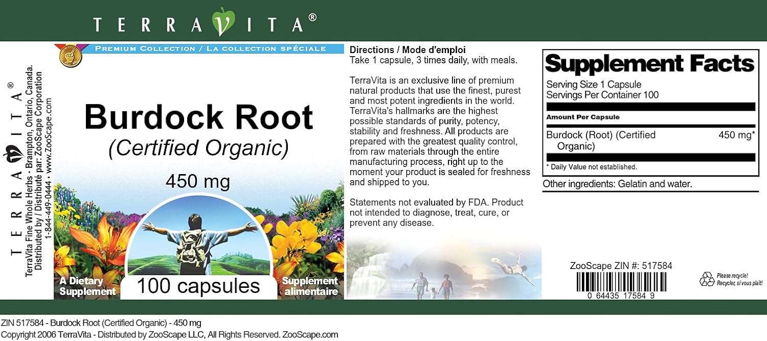 Burdock Root (Certified Organic) - 450 mg, 100 Capsules