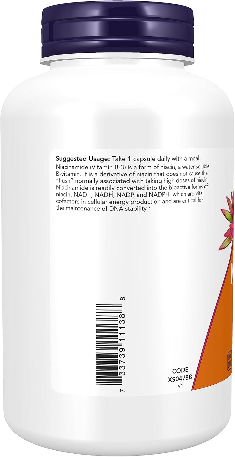NOW Foods, Niacinamida (Vitamina B-3) 500 mg, Producción de Energía*, 250 Cápsulas Vegetales