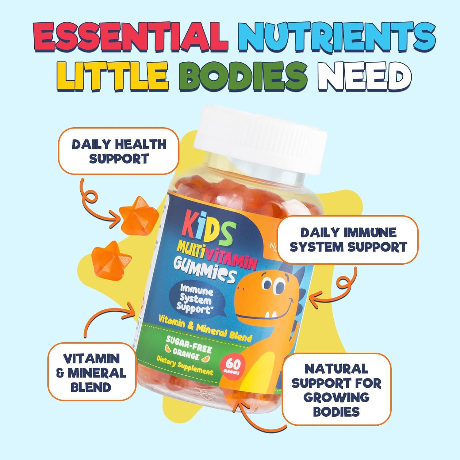 Gominolas Multivitamínicas para Niños - Sin Azúcar - Sabor Naranja - 60 Gominolas