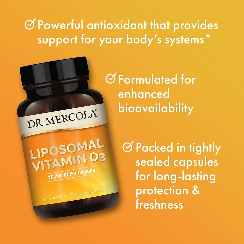 Dr. Mercola Liposomal Vitamin D3 - Apoya la salud del corazón, huesos e inmunidad - 10.000 UI por porción - Sin OGM, soja ni gluten - 90 cápsulas (90 porciones)