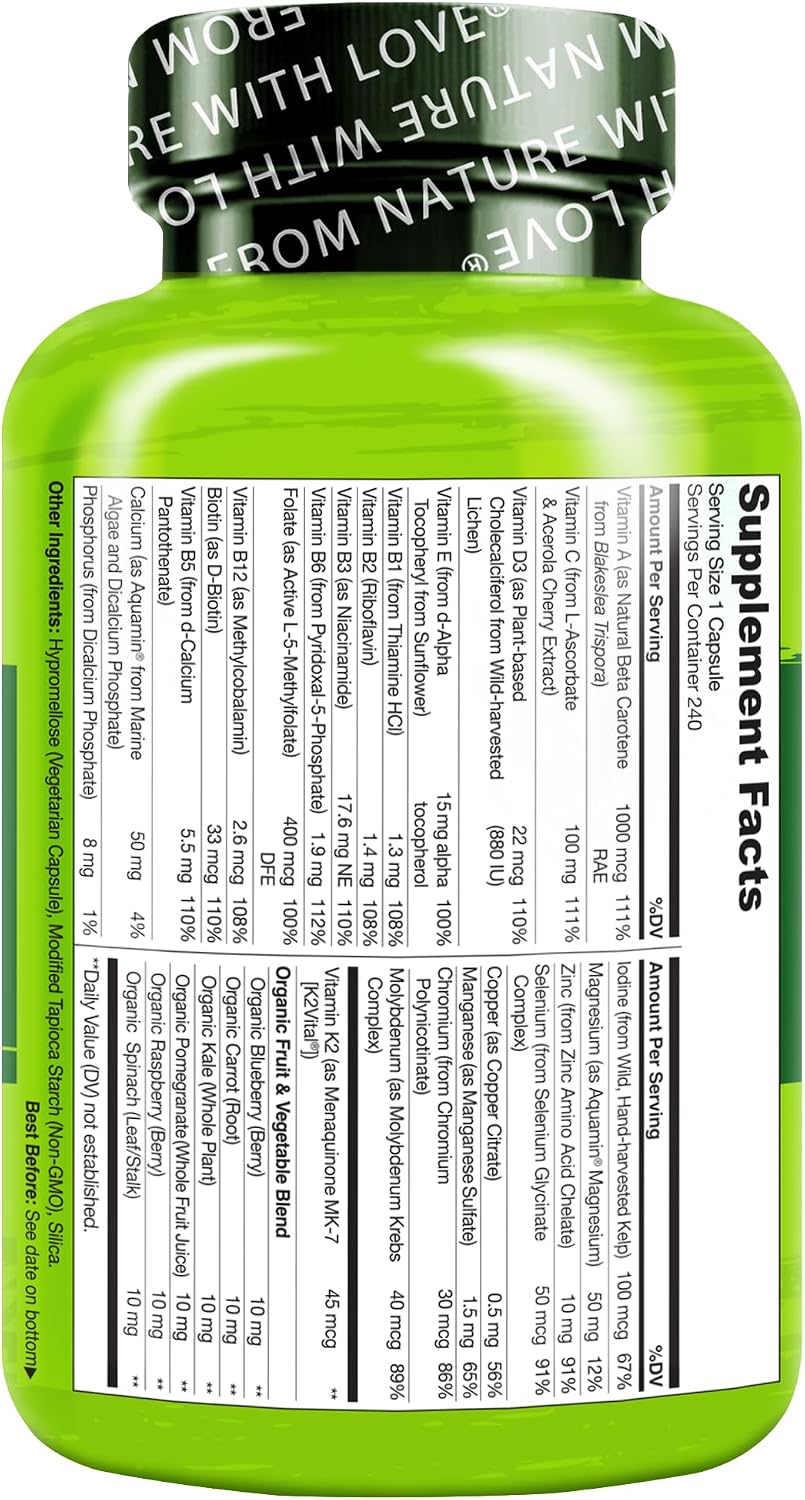 NATURELO Multivitamínico Diario para Hombres con Vitaminas, Minerales y Alimentos Integrales Orgánicos - 240 Cápsulas Vegetarianas