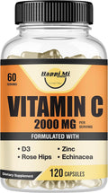 Happi Mi Nutrition Vitamina C 2000 mg con Zinc y Vitamina D3 - 120 Cápsulas Veganas