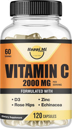 Happi Mi Nutrition Vitamina C 2000 mg con Zinc y Vitamina D3 - 120 Cápsulas Veganas