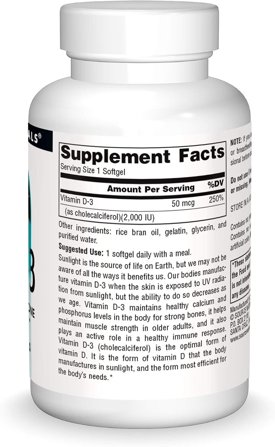 Source Naturals Vitamina D3 2000 UI - 200 Cápsulas Blandas