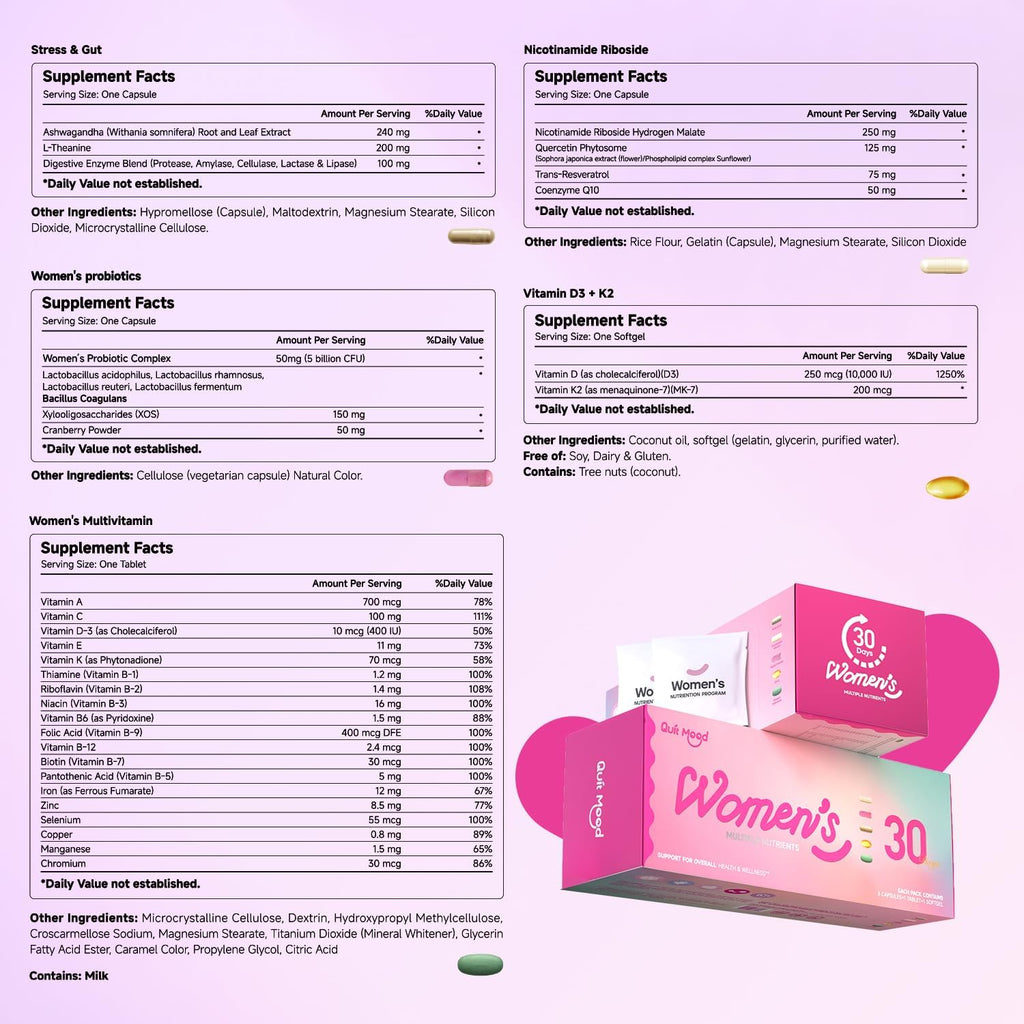 Multivitamínico para Mujeres 30+ con D3+K2, NR1000, Probióticos y Ashwagandha | 30 Sobres Diarios
