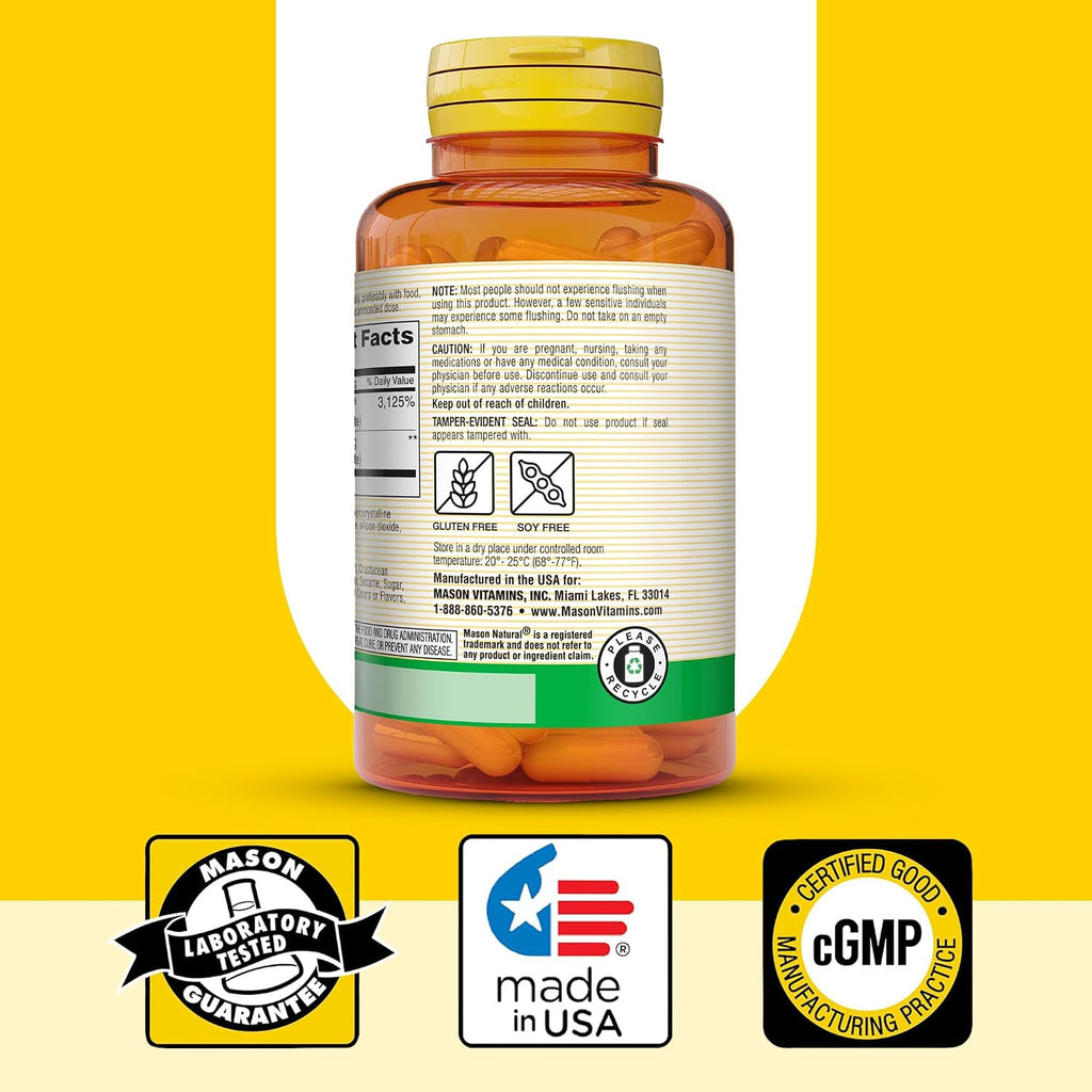 MASON NATURAL Niacina 500 mg Sin Enrojecimiento, 60 Cápsulas (Pack de 3)