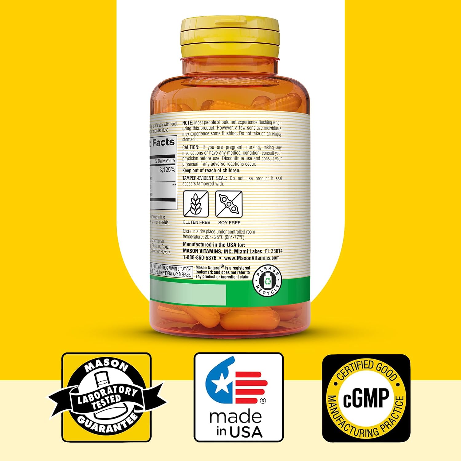 MASON NATURAL Niacina 500 mg Sin Enrojecimiento, 60 Cápsulas (Pack de 3)