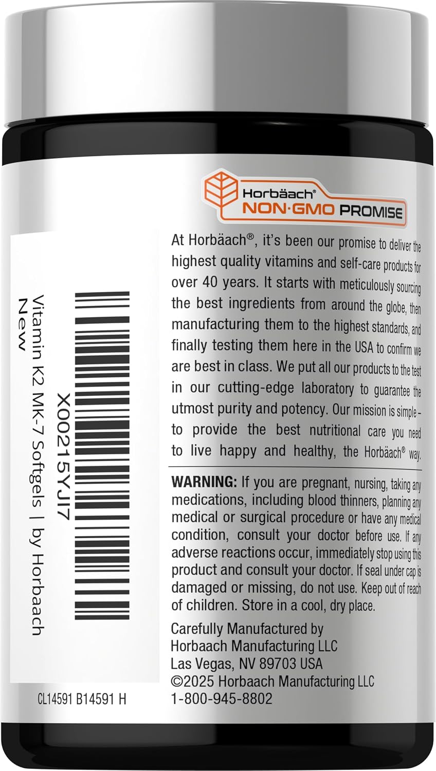 Horbäach Vitamina D3 + K2, 5000 UI y 100 mcg MK-7, 180 Cápsulas Blandas