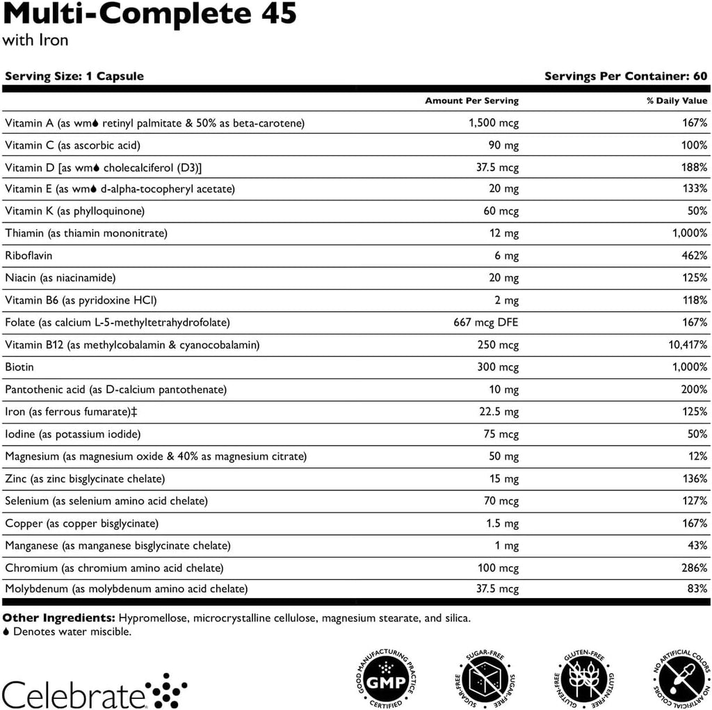 Celebrate Vitamins Multivitamínico Bariátrico con Hierro 45 mg - 60 Cápsulas Veganas