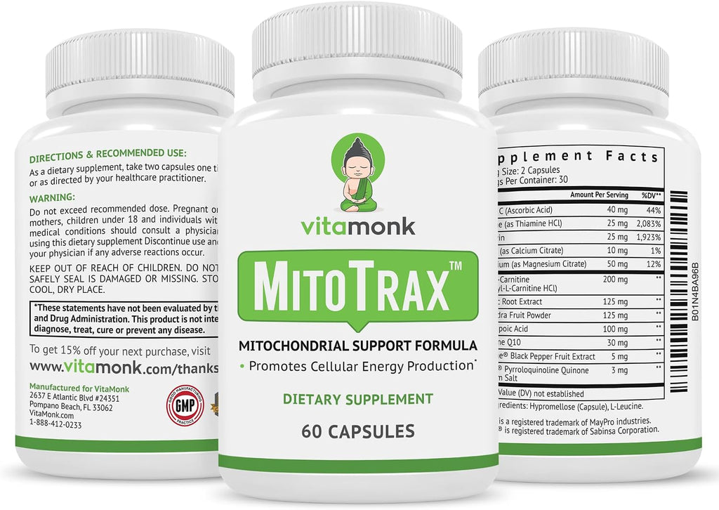 VitaMonk MitoTrax - Suplemento dietético con Acetil L-Carnitina, Coenzima Q10 y BIOPQQ - 60 Cápsulas