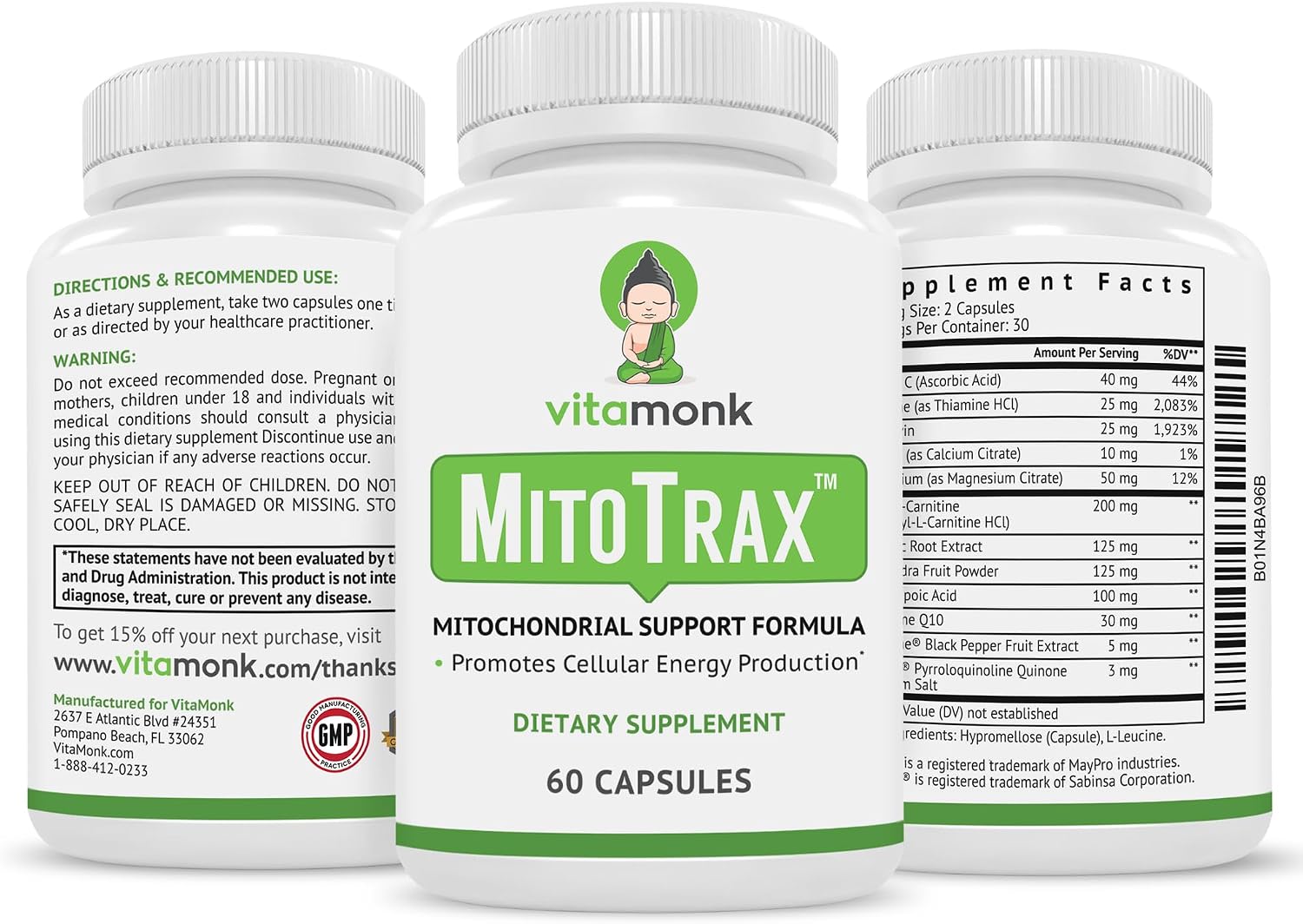 VitaMonk MitoTrax - Suplemento dietético con Acetil L-Carnitina, Coenzima Q10 y BIOPQQ - 60 Cápsulas