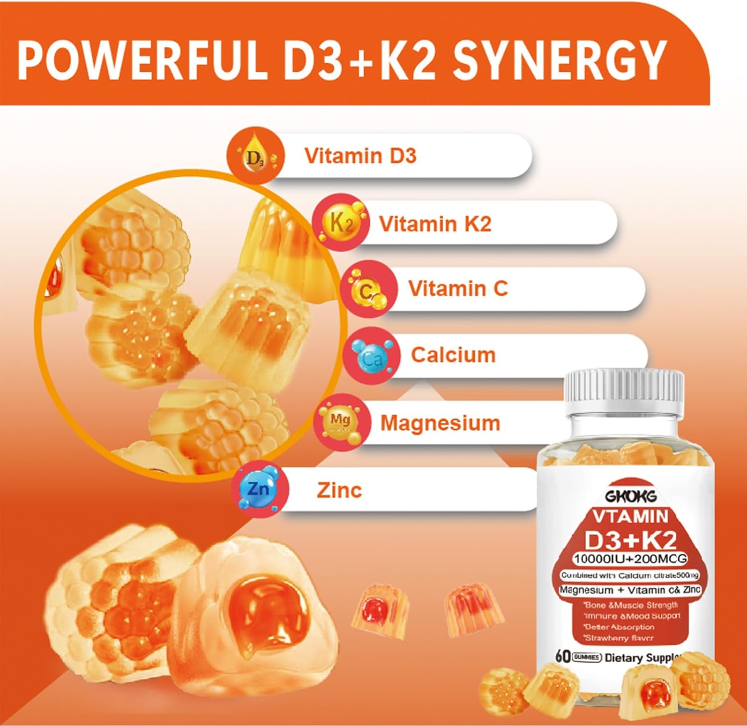GKOKG Vitamina D3 K2 Gominolas Veganas - 1000 UI D3 + 200 mcg MK7 - Apoyo para Huesos, Corazón, Músculos e Inmunidad - 60 Gominolas Sabor Naranja
