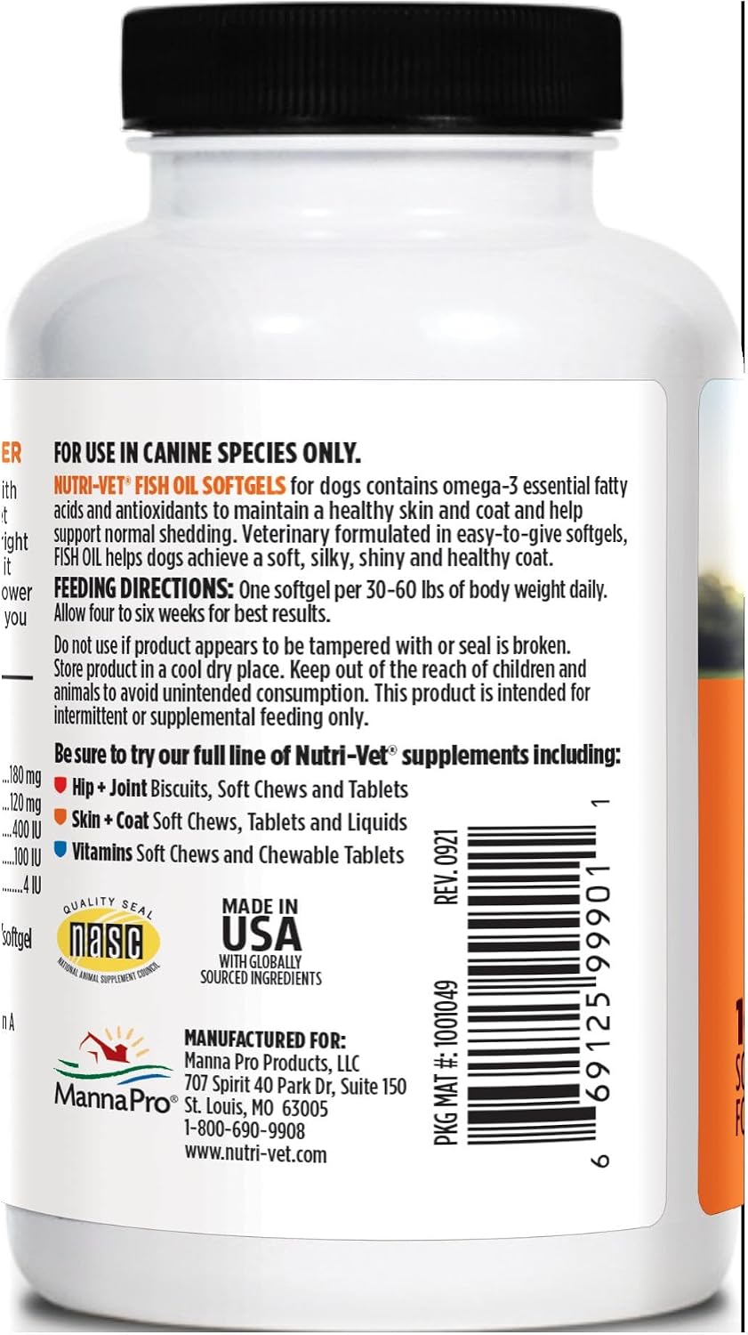 Nutri-Vet Aceite de Pescado para Perros - Suplemento Omega 3 con EPA y DHA, 100 Cápsulas Blandas