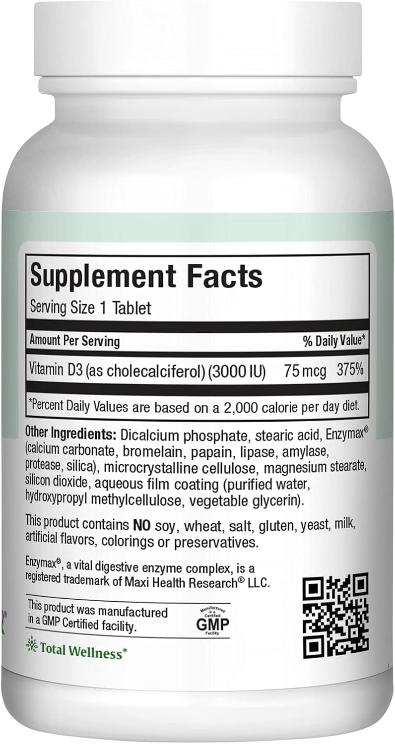 Maxi Health Vitamina D3 3000 UI 75 mcg Suplemento de vitamina D para huesos, dientes, sistema inmunitario - Suplemento de D3 fácil de tragar, no transgénico, kosher (180 comprimidos)