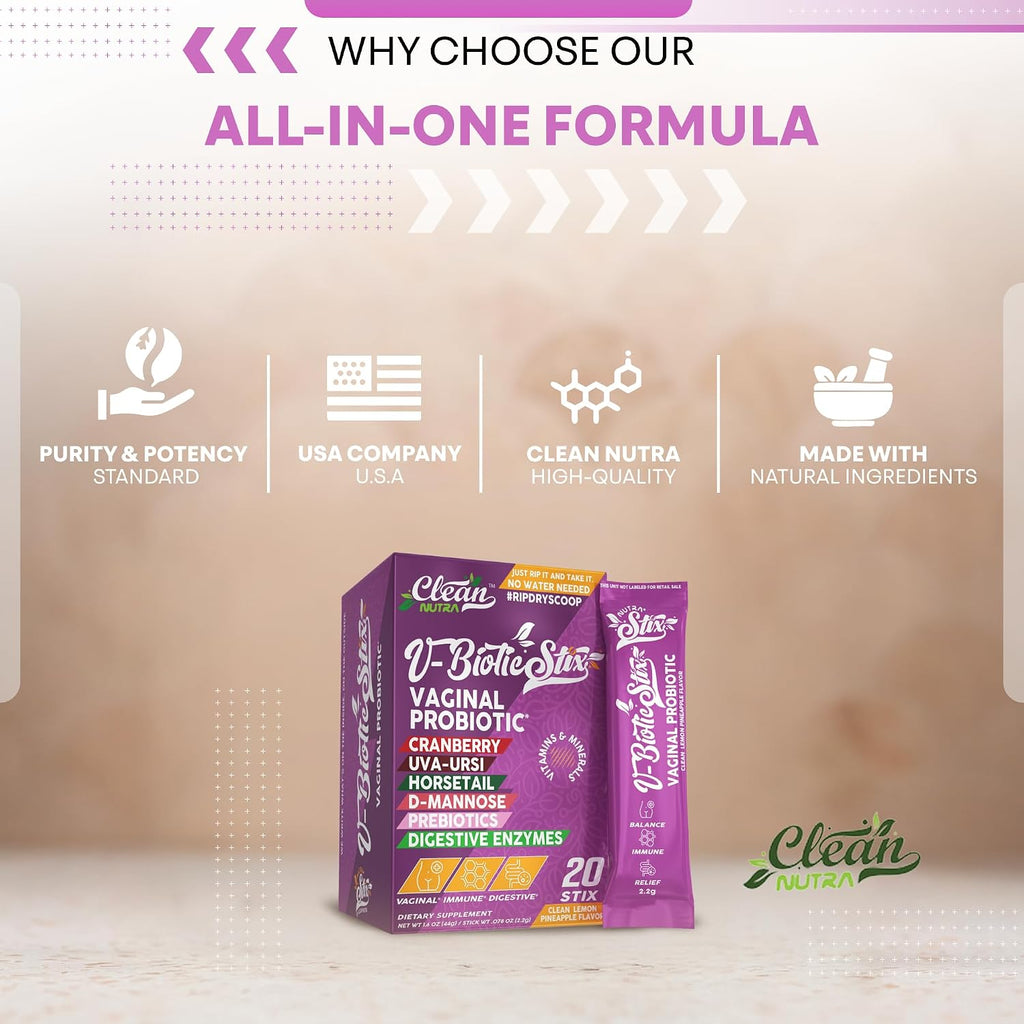 Clean Nutraceuticals Probióticos Vaginales para Mujeres con Extracto de Arándano, D-Manosa, Prebióticos, Equilibrio del pH, Salud Vaginal – Alternativa Probiótica Femenina a las Gominolas - 20 Sticks