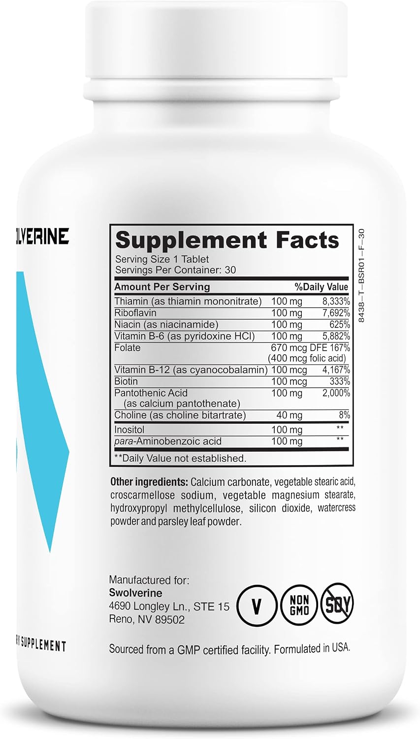 Swolverine Complejo B - Vitaminas B1, B2, B3, B5, B6, B7, B9, B12 con Colina e Inositol (30 Dosis)