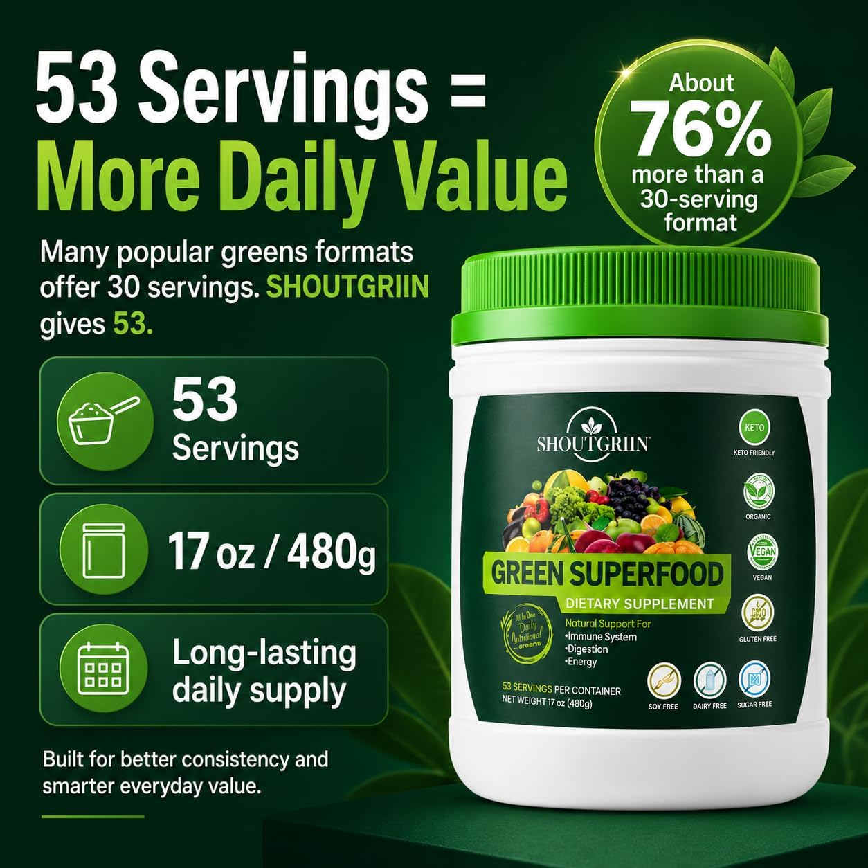 SHOUTGRIIN Green Superfood Powder – Super Greens Orgánicos con Probióticos y Enzimas