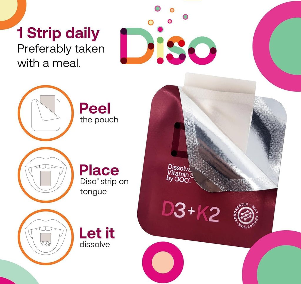 DISO D3+K2 Tiras Orales de Disolución Rápida (Sabor Frambuesa, 30 unidades)