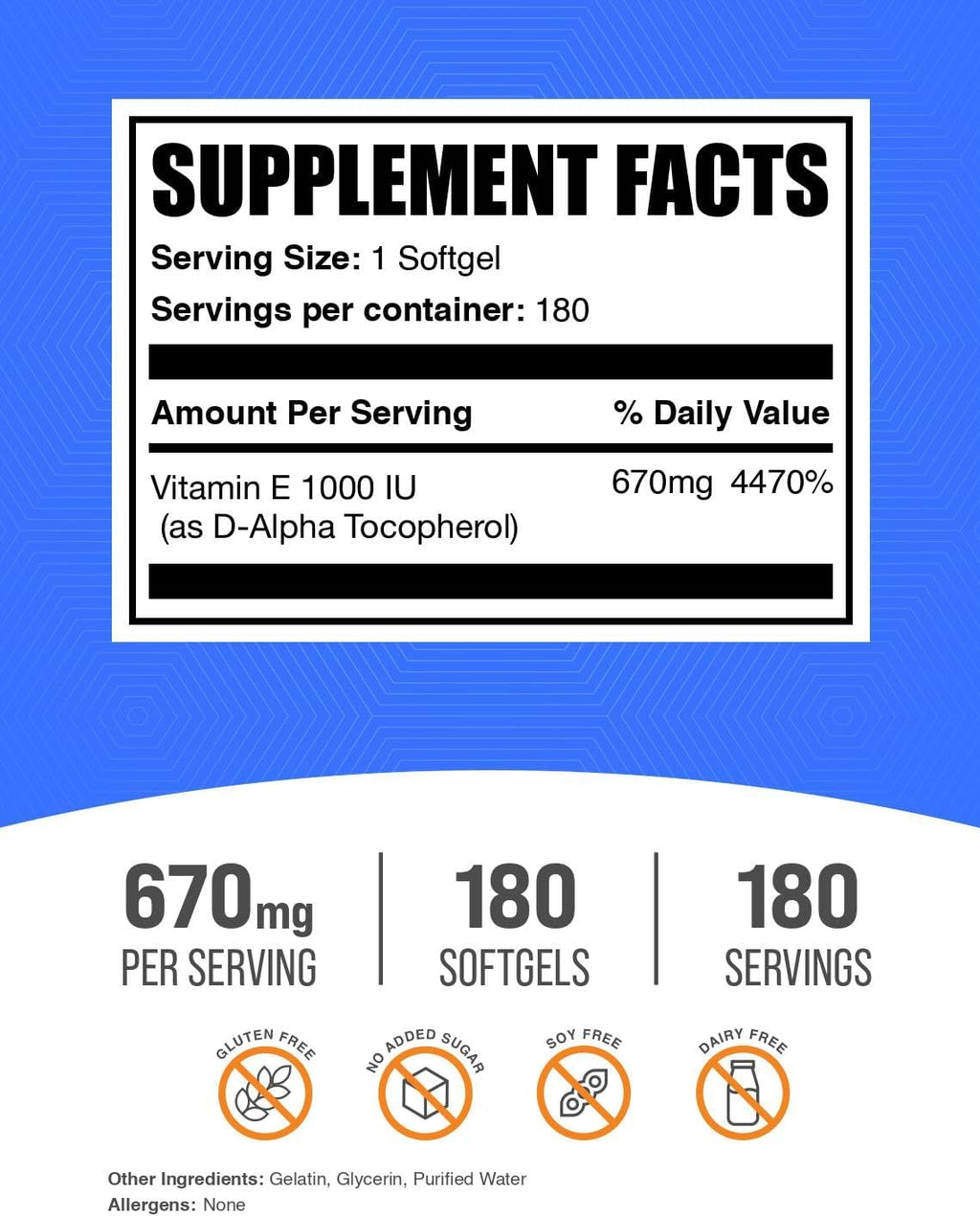 Vitamina E 1000 UI, 180 Cápsulas Blandas - BulkSupplements