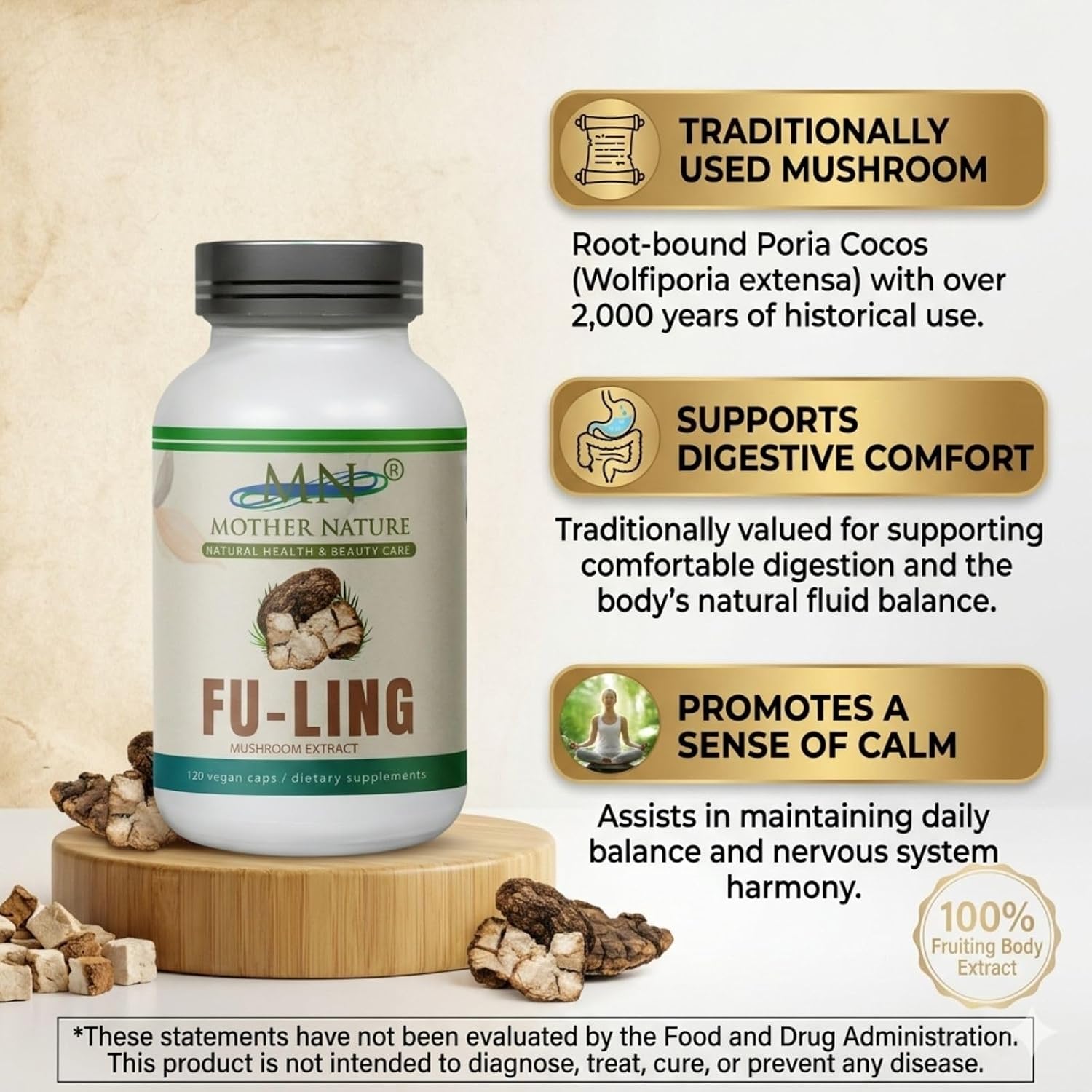 MN Mother Nature Extracto de Fu-Ling 500mg – 120 Cápsulas Veganas