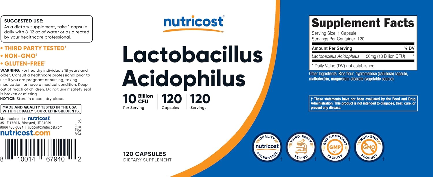 Nutricost Lactobacillus Acidophilus 10 Mil Millones UFC, 120 Cápsulas Vegetarianas
