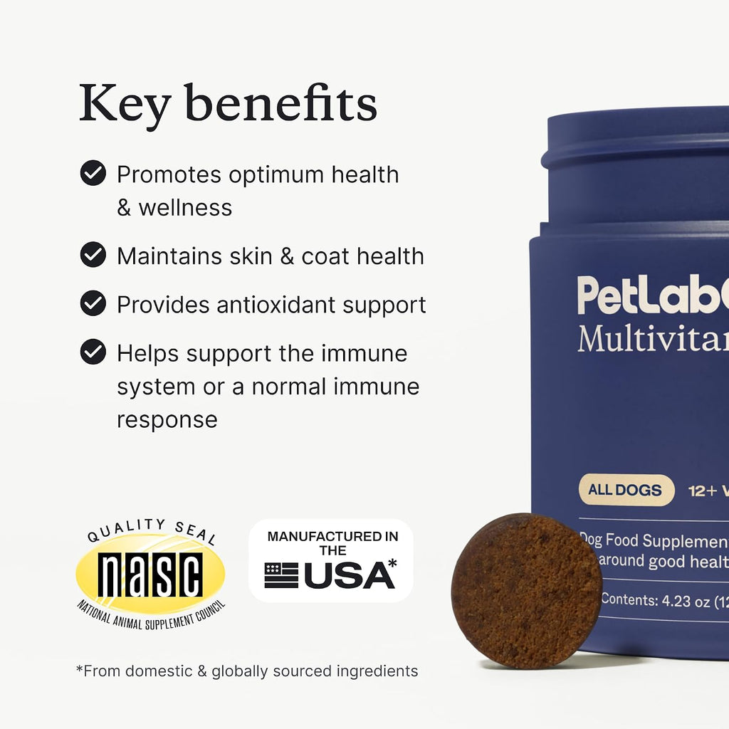 PetLab Co. 22 en 1 Multivitamínico para Perros - Apoyo Inmunitario, Piel, Pelaje, Articulaciones - Vitaminas A, E, D, B12 - Masticable Sabor Cerdo