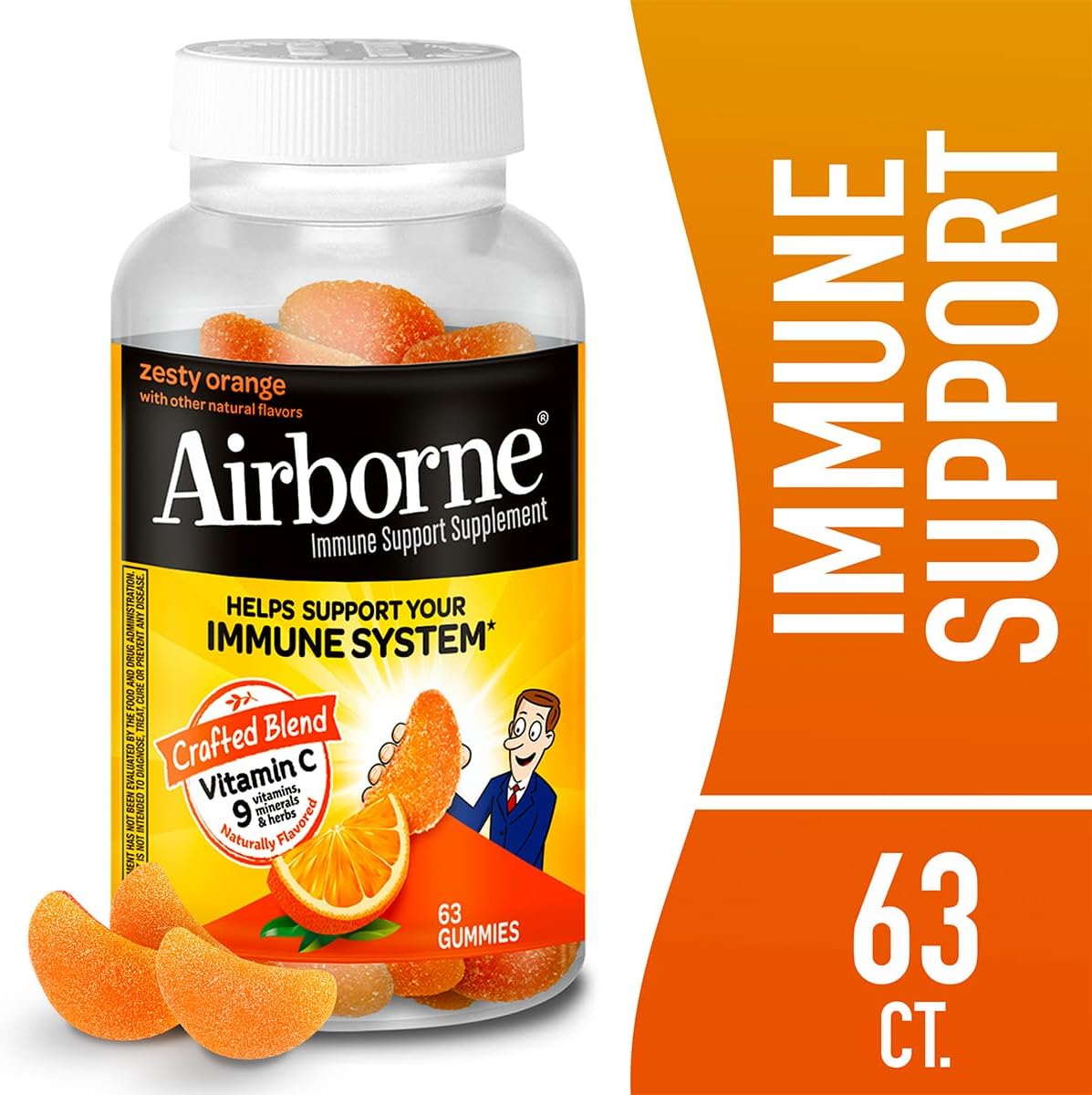 Airborne 750mg Vitamina C Gominolas para el Apoyo Inmunitario, Sabor Naranja, Sin Gluten, 63 Gominolas (3 Paquetes)