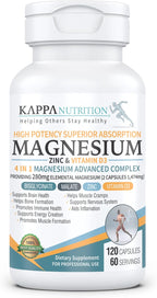 Kappa Nutrition Magnesio 4-en-1, 280mg Magnesio Elemental (Bisglicinato, Malato) + Zinc y Vitamina D3, 120 Cápsulas Veganas