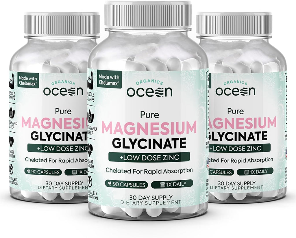 Organics Ocean Magnesio Glicinato Puro con Zinc - Suplemento de Magnesio Quelado de Máxima Potencia para Mujeres y Hombres, Ayuda contra Calambres Musculares y Favorece el Sueño - 6 Frascos