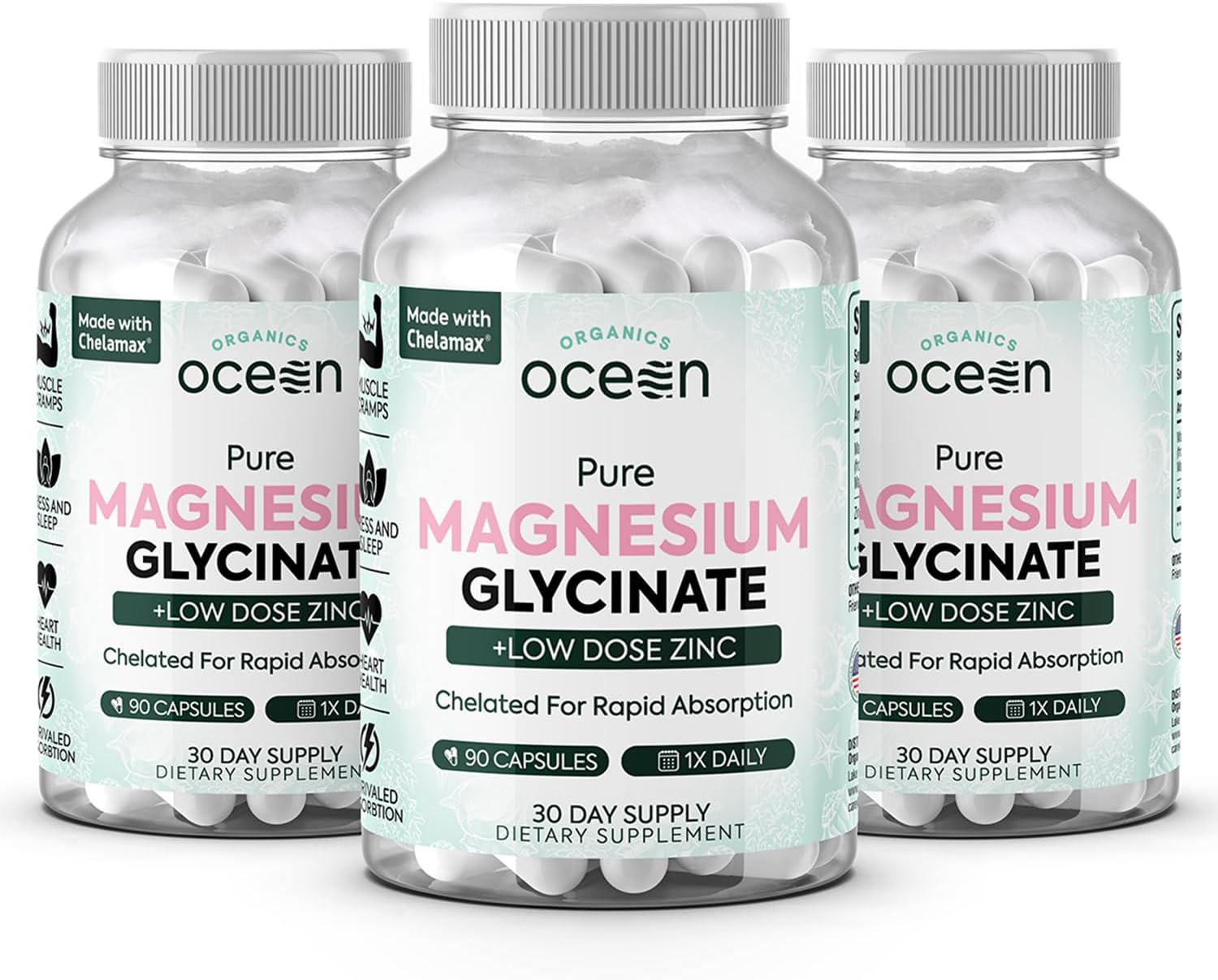 Organics Ocean Magnesio Glicinato Puro con Zinc - Suplemento de Magnesio Quelado de Máxima Potencia para Mujeres y Hombres, Ayuda contra Calambres Musculares y Favorece el Sueño - 6 Frascos