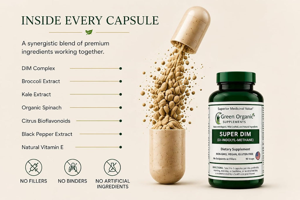 Green Organic Supplements DIM, Diindolylmethane, Indole-3-Carbinol, Brócoli, 90 Cápsulas Veganas, Alta Absorción, No-GMO, Sin Gluten