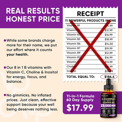Venture Pal Vitamin B Complex Liquid Drops, B12 Metilcobalamina | B9 Fólico | B1,B2,B3,B5,B6,B7 - Vitamina C, Colina, Inositol, Apoyo Inmunológico y Metabolismo Energético, Cerebro y Corazón