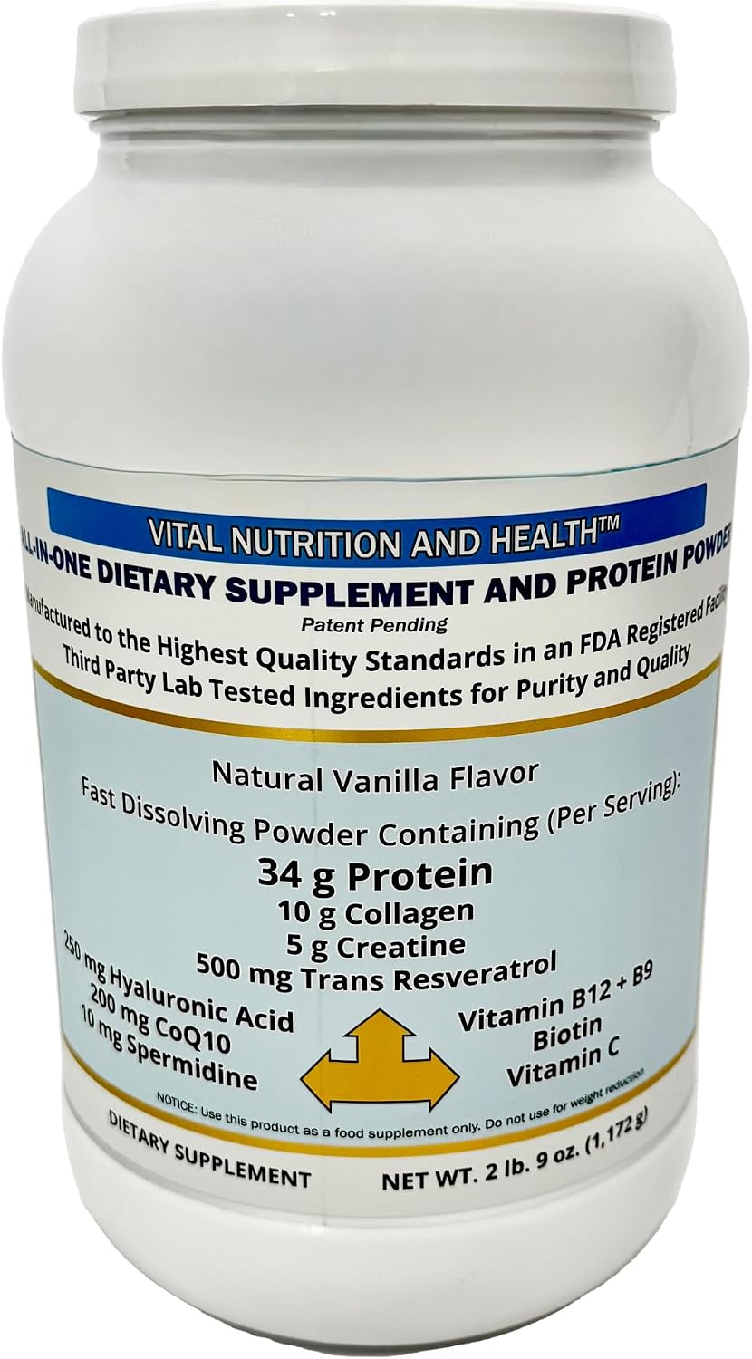 Vital Nutrition and Health Polvo All-in-One: Proteína, Colágeno, Creatina, Resveratrol, Espermidina, Ácido Hialurónico, CoQ10 + Vitaminas Clave