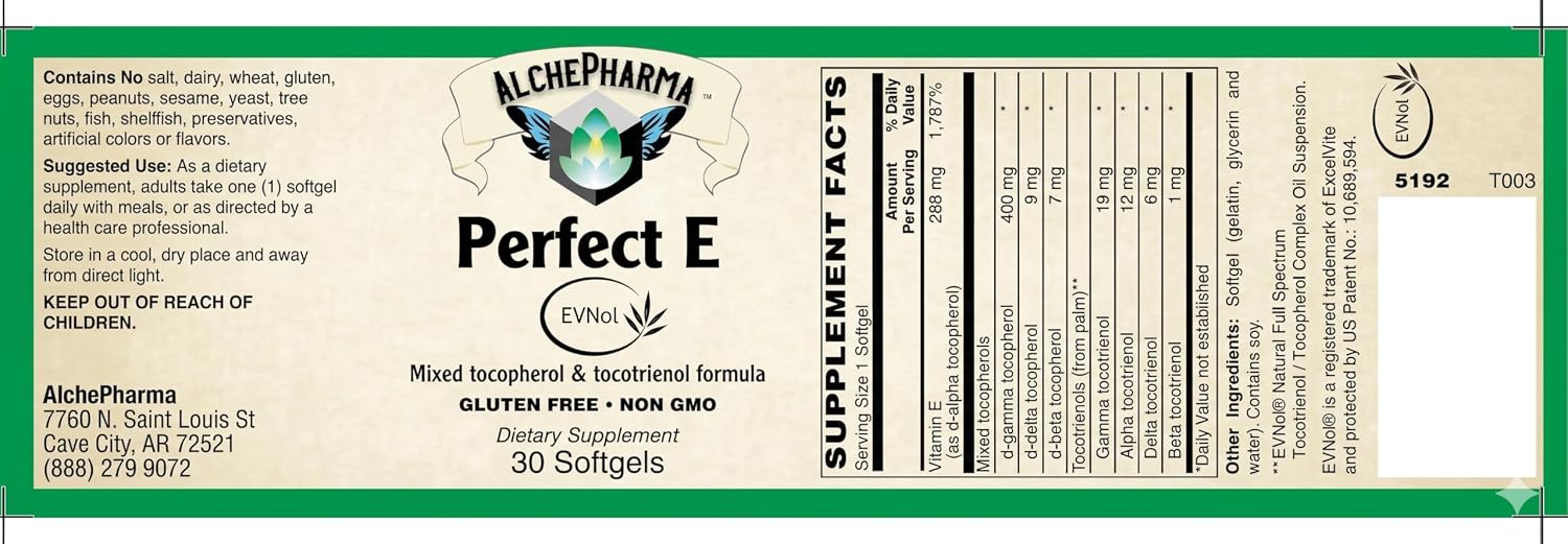 Perfect E - Patented EVNol® Brand tocotrienols Full Spectrum tocotrienol Complex w/Highest Ratio of Alpha, beta, Gamma, and Delta-tocotrienols (268mg - 400 IU) (30)