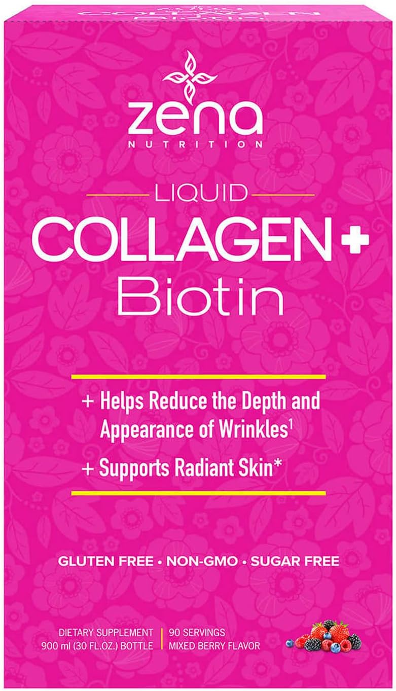 Zena Liquid Collagen + Biotin: 2500mg Colágeno, 5000mcg Biotina, Fórmula Verisol | Apoyo Cabello, Piel, Uñas y Articulaciones | No Transgénico, Sabor Bayas Mixtas | 90 Porciones