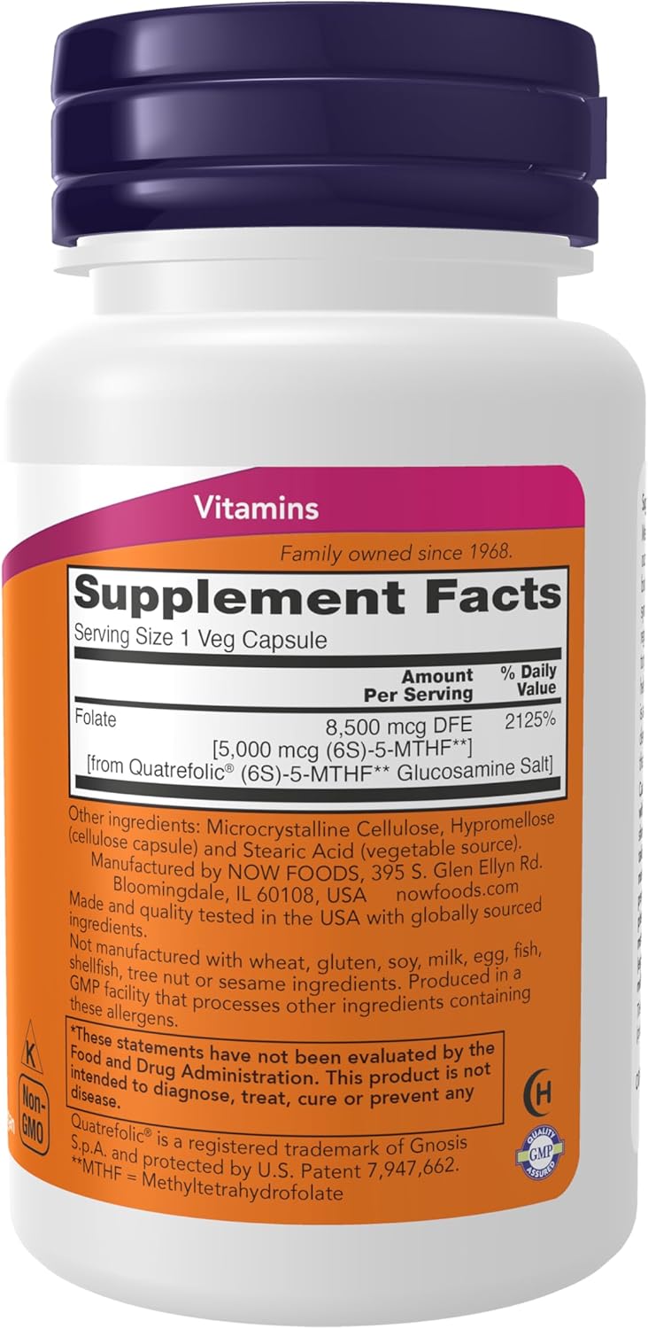 NOW Foods, Metilfolato 5000 mcg, Biodisponibilidad Superior, 50 Cápsulas Veganas