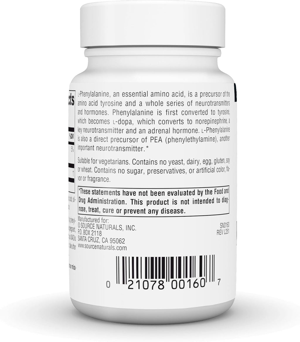 Source Naturals L-Phenylalanina, 500 mg - 50 Comprimidos Veganos