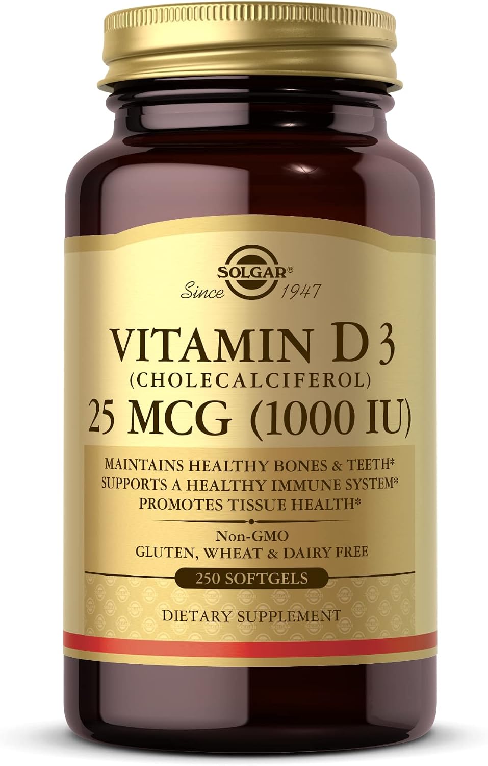 Solgar - Vitamina D3 (Colecalciferol) 1.000 UI Cápsulas Blandas, 250 Unidades