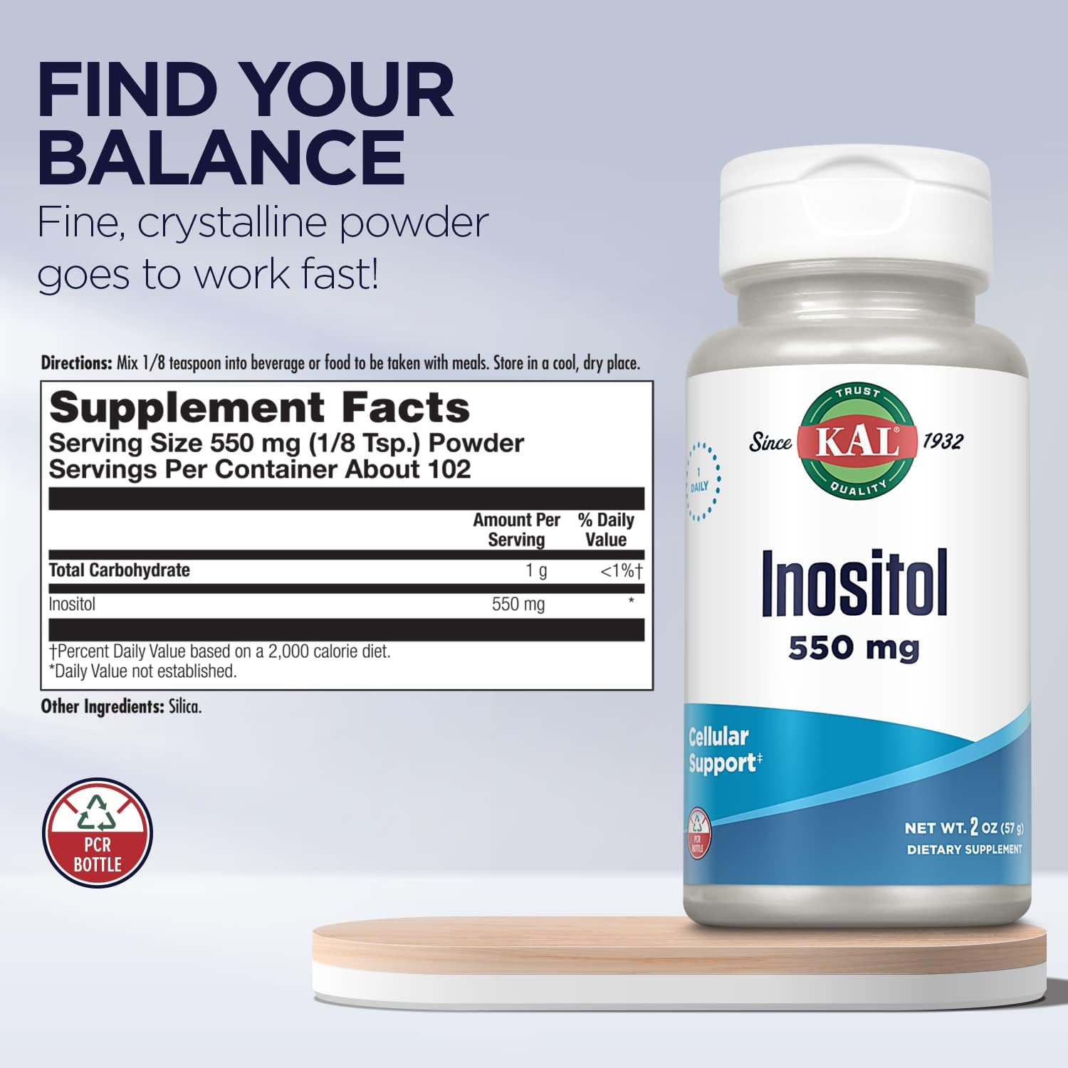 KAL Inositol en Polvo 550mg, 2oz (aprox. 102 porciones)